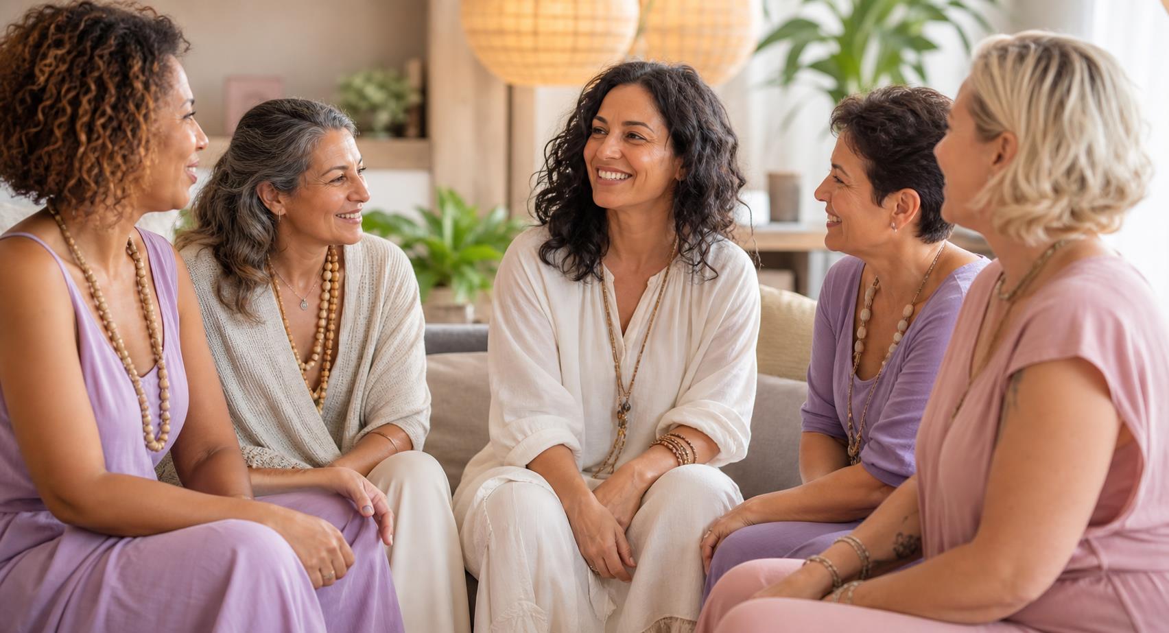 Cinco mulheres adultas conversam em um ambiente claro e acolhedor