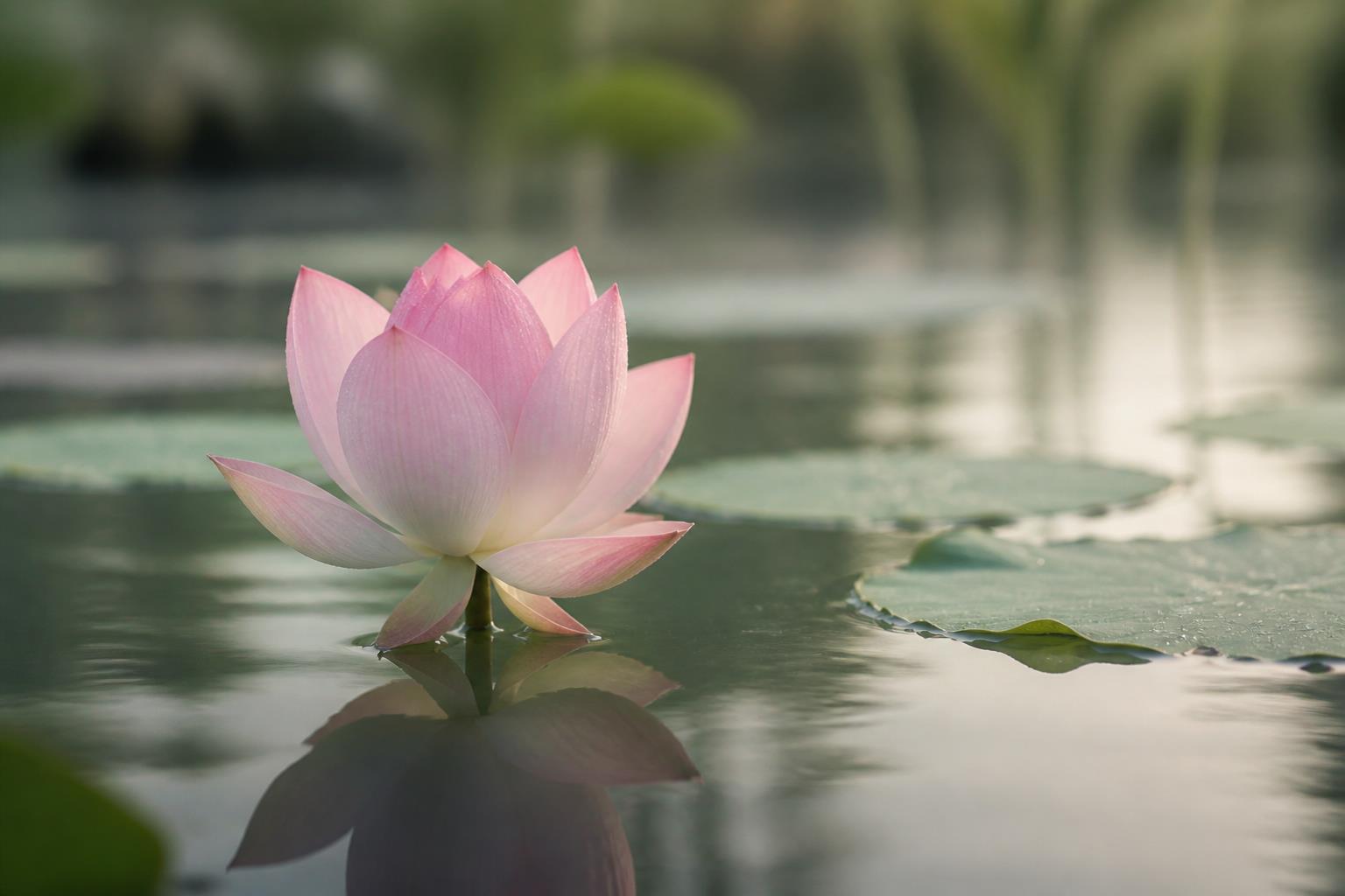 Flor de lótus rosa desabrochando sobre águas tranquilas